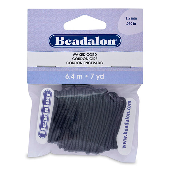 Waxed Cord, 1.5 mm / .059 in, Black, 7 yd / 6.4 m
