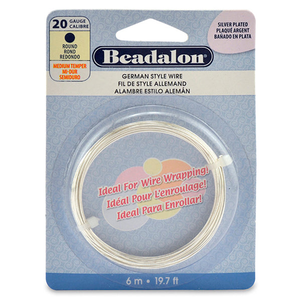 German Style Wire, Round, Silver Plated, 20 gauge .81 mm / .032 in, 6 m / 19.7 ft