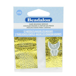 Hard Beading Needles, Size #10, for bead cord sizes up to .011 in, .28 mm / 12 pc, 2 Threaders