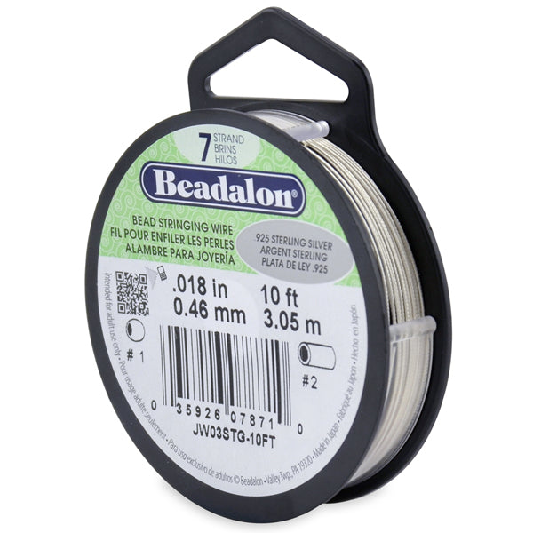 7 Strand Bead Stringing Wire, .018 in / 0.46 mm, .925 Sterling Silver Wire, 10 ft / 3.1 m