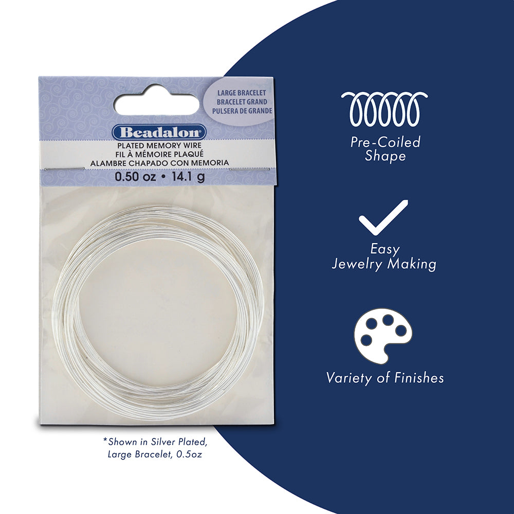 Memory Wire, Round, Large Bracelet, Silver Plated, 0.5 oz / 14 g, approx. 30 coils/pack