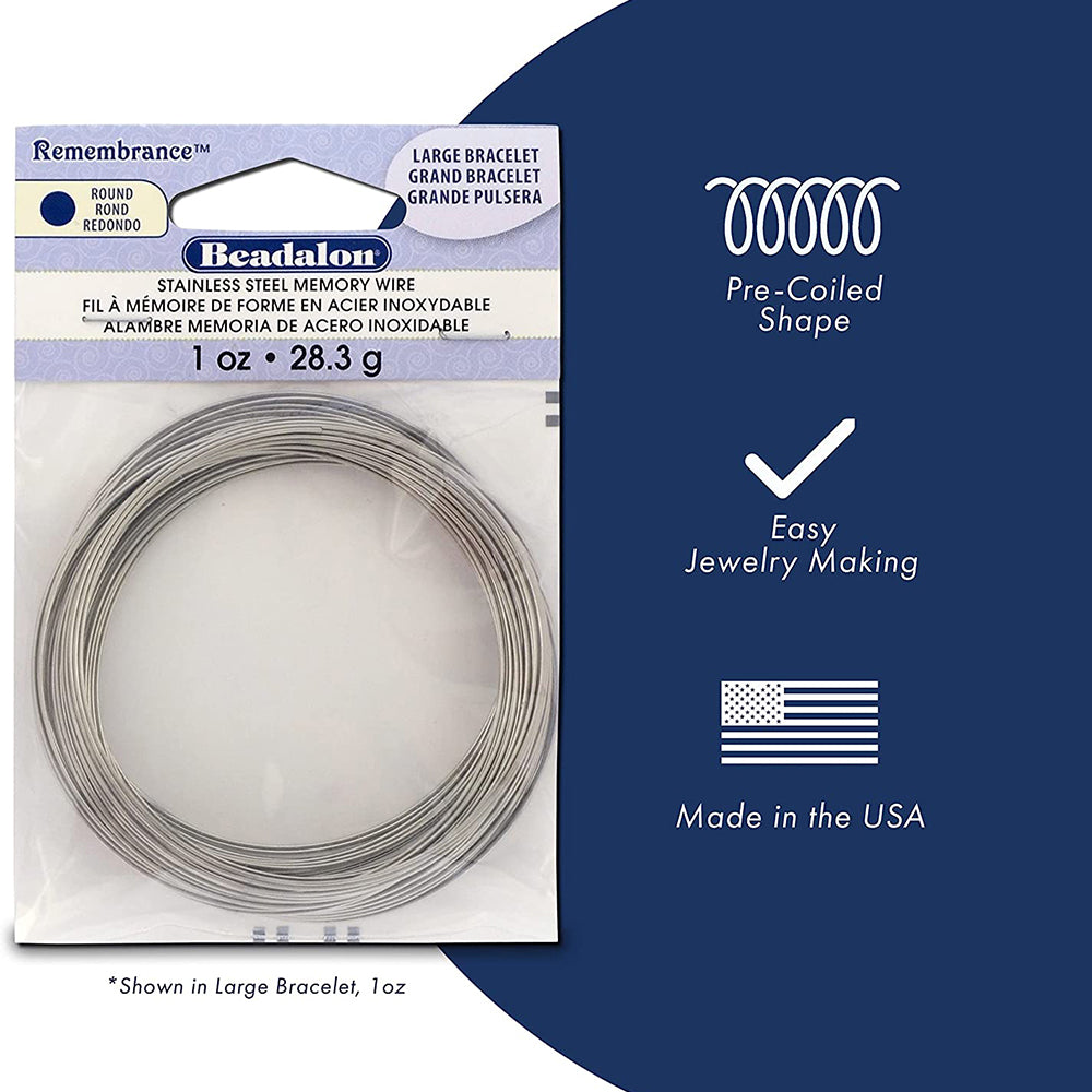 Remembrance Memory Wire, .036 in / 0.91 mm Heavy Duty Round, Bracelet, Large, Bright, 1 oz / 28.35 g, approx. 30 coils/pack