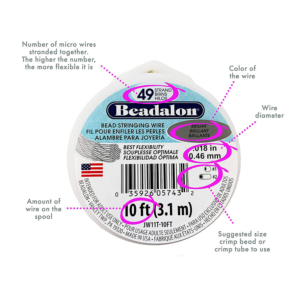 49 Strand Stainless Steel Bead Stringing Wire, .024 in / 0.61 mm, Silver Plated, 10 ft / 3.1 m