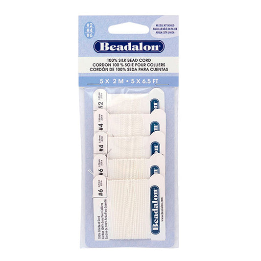 Beadalon Silk Thread, VariPack, Sizes 1x02, 2x04, 2x06 with needle, White, 2 m / 6.5 ft ea