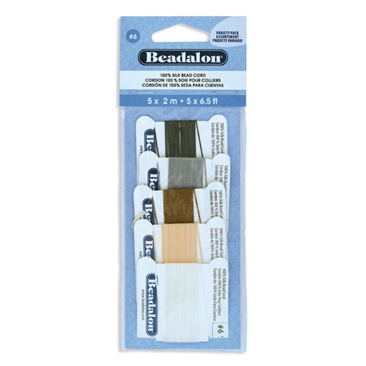 Beadalon Silk Thread, Size #6, 0.70 mm, .028 in, with needle, VariPack, Black, Grey, Brown, Lt. Pink, White, 2 m / 6.5 ft ea