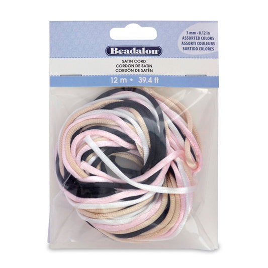 Satin Cord, 3 mm / 0.12 in, 4 Color Assorted Pack, 12 m / 39.4 ft