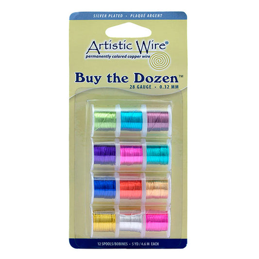 Artistic Wire, 28 Gauge / .32 mm Silver Plated Tarnish Resistant Colored Copper Craft Wire, Buy-The-Dozen, Assorted Colors, 5 yd / 4.5 m ea, 12 spools